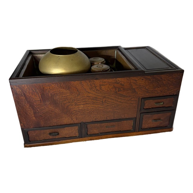 Authentic Taisho / Early Showa Era Japanese Keyaki Wood Naga-Hibachi Tansu With Brazier Set For Sale