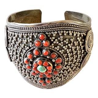 Sterling Silver, Coral and Turquoise Cuff Bracelet For Sale