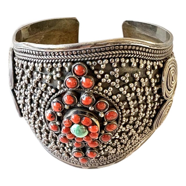 Sterling Silver, Coral and Turquoise Cuff Bracelet For Sale
