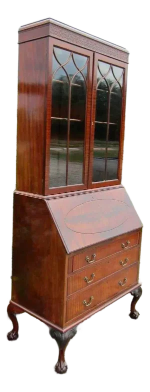 1900’s Antique English Secretaire Bureau Bookcase Gothic Astragal Glazed Flame Mahogany Library Cabinet