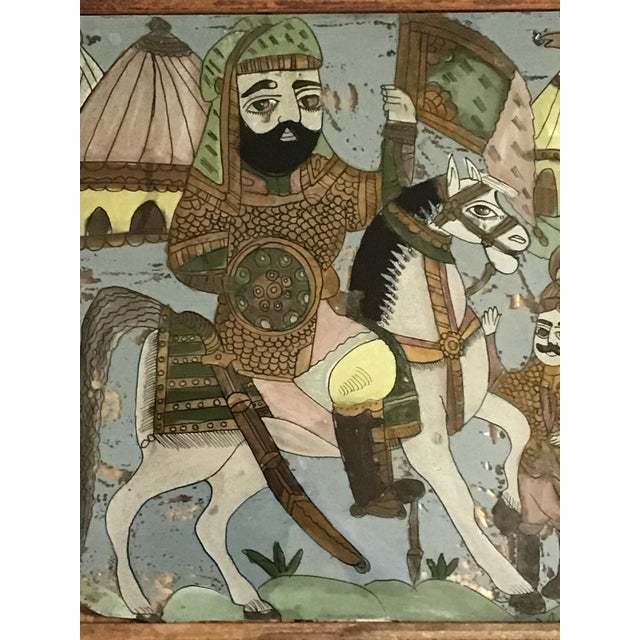 Large 19th-Century Persian Qajar Dynasty Reverse Glass Painting – Battle Encampment Scene For Sale - Image 4 of 12