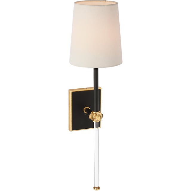 Julie Neill for Visual Comfort Signature Lucia 21" Cordless Sconce in Matte Black and Crystal with Linen Shade For Sale In Houston - Image 6 of 13