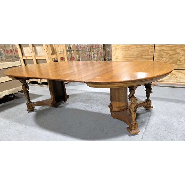 1876 Dining Table "Lady Liberty", Hand Carved Quarter Sawn Oak With 12 Leaves For Sale - Image 11 of 13
