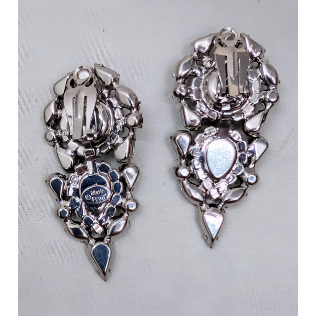 Metal Vintage Signed Marie Ferre Rhodium Plated Faux-Onyx & Clear Rhinestone Chandelier Clip Earrings-2 Pieces For Sale - Image 7 of 8