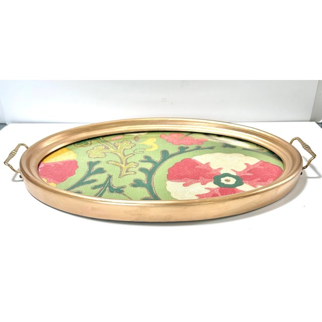 1960s Oval Brass Gallery Tray With Designer Floral Fabric Insert & Velvet Back For Sale In Louisville - Image 6 of 12