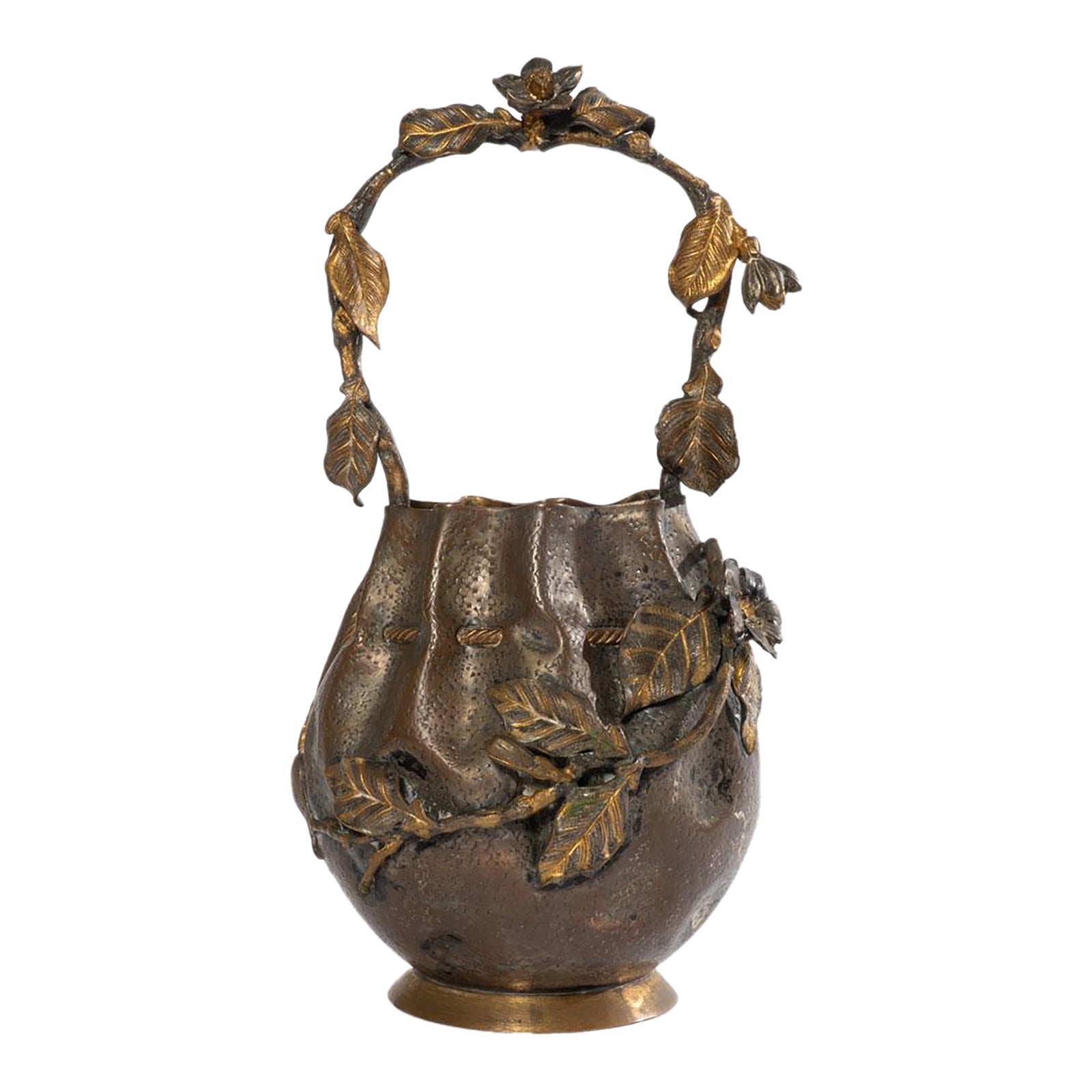 Japanese Naturalist Copper and Brass Draw String Bag Jardiniere | Chairish