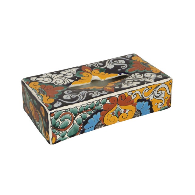 A hand made Talavera terracotta rectangular tissue box cover. Hand painted with swirling scrolls and foliage motifs in...