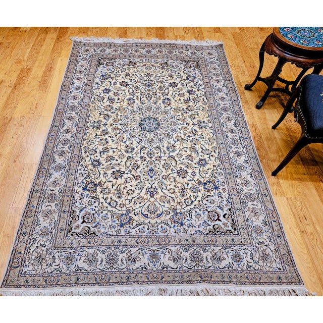 Textile Vintage Nain Area Rug, Hand-Knotted Wool & Silk, Floral Pattern, 5x7, Ivory & Blue For Sale - Image 7 of 16