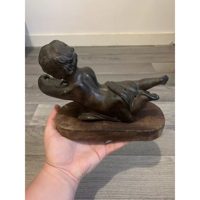 18thc French Antique Renaissance Bronze Sculpture "Reclining Cherub Artist" For Sale - Image 4 of 12