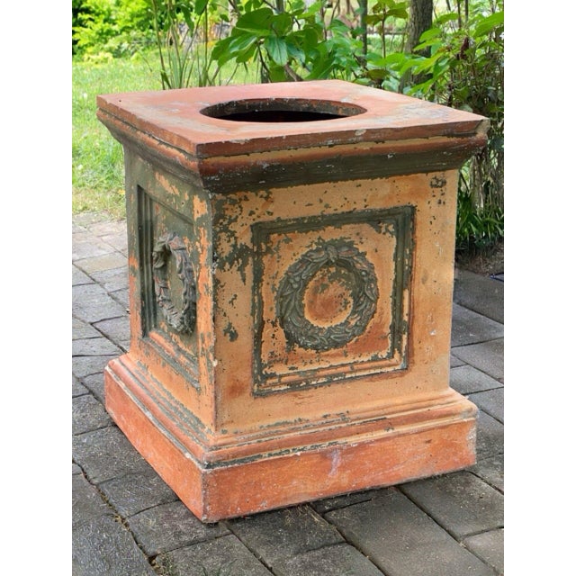 Large artisan crafted continental Neoclassical style terracotta square garden urn plinth pedestal with laurel wreath...