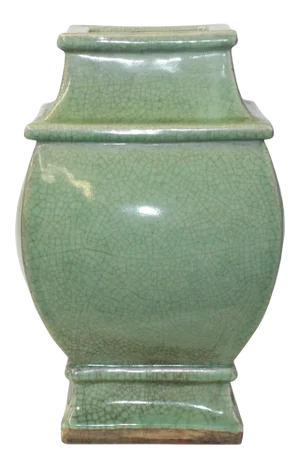 Chinese Ceramic Crackle Pattern Square Curve Body Celadon Green Vase