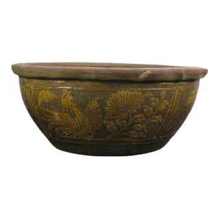 Large Glazed Earthenware Planter With Hand Painted Mystic Birds and Plants For Sale