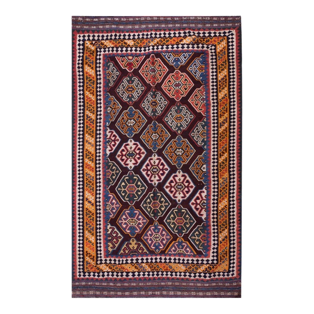 1900s Blue Navy Geometric Kilim Antique Persian Ghashgaie Flat-Weave 6' X 10' Wool Carpet For Sale