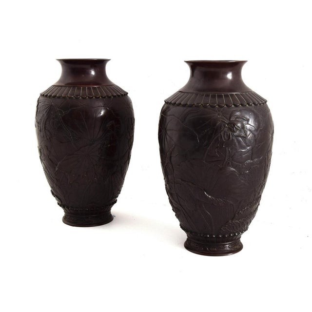 Antique Japanese Meiji Embossed Bronze Vases, 19th Century, Set of 2 For Sale - Image 4 of 5