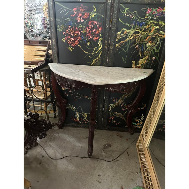 1970s Dark Wooden Oval Mirror and Console Table With Marble Top Pair For Sale - Image 10 of 11
