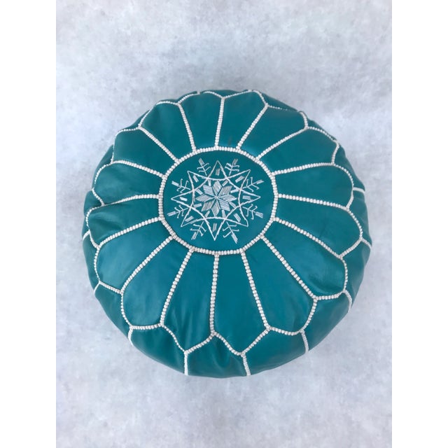Blue Turquoise Moroccan Leather Pouf Cover For Sale - Image 6 of 9