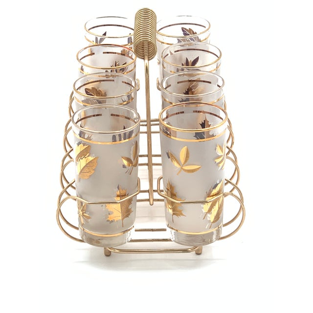 1950-60's stunning vintage Libbey Golden Foliage drink set! This set includes a stylish, brass tone metal carrier with a...