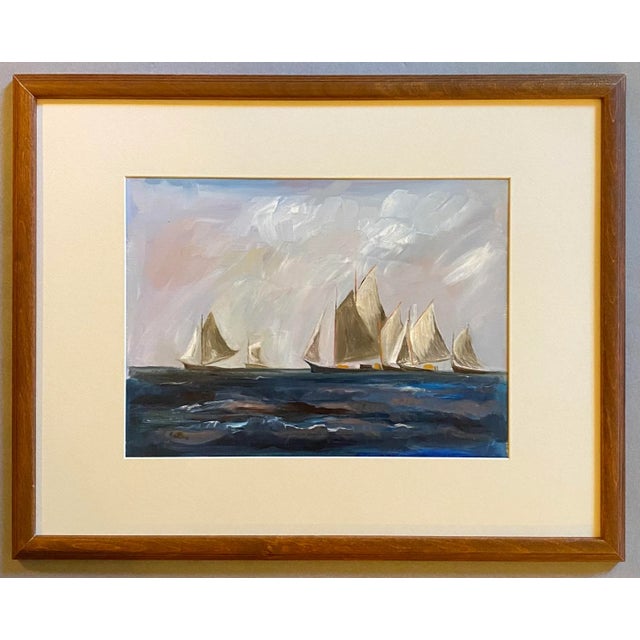 1990s "Uniting for the Regatta" Nautical Seascape Painting by Satori Gregorakis, Framed For Sale - Image 4 of 4