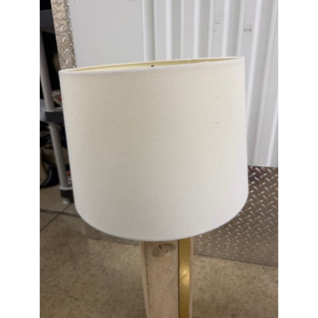 1970s Vintage Modern Travertine Square Block Table Lamp With Oatmeal Linen Tapered For Sale - Image 5 of 6