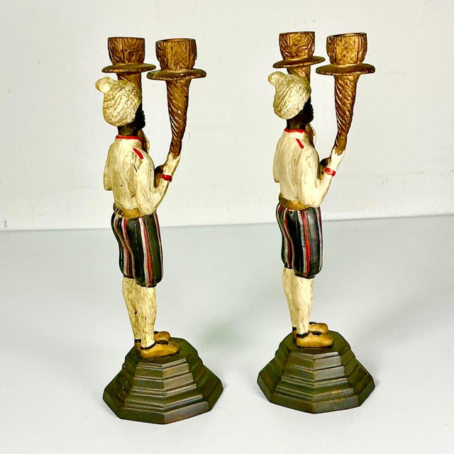 Early 1900s Antique Mediterranean Italian Venetian Moorish Painted Bronze Candelabras - A Pair For Sale - Image 12 of 17