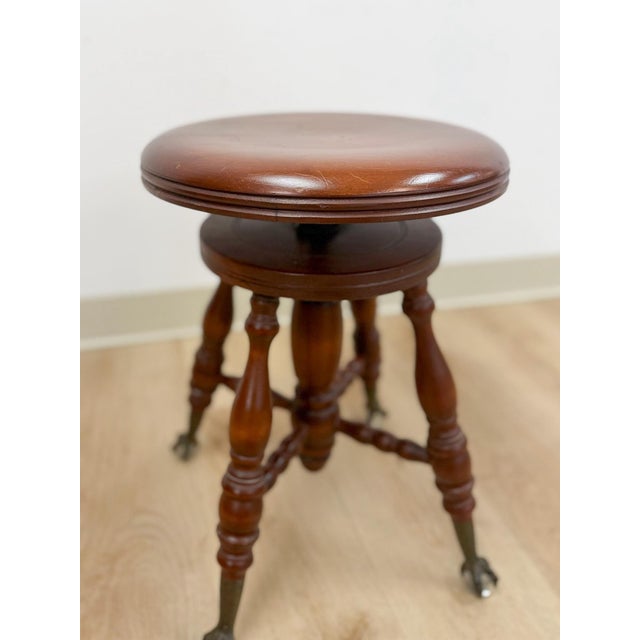 Vintage Victorian Adjustable Piano Stool Brass Claw Ball Feet Turned Wood For Sale In Tampa - Image 6 of 10