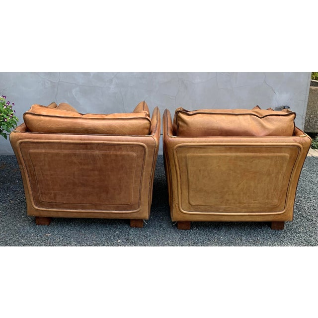 Roche Bobois Pair Large-Scale French 1970s Cognac Saddle Leather Armchairs For Sale - Image 4 of 18