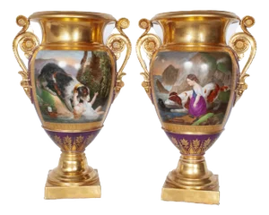 Pair of Antique French Paris Porcelain Hand-Painted Dog Vases by Darte Frères 1810