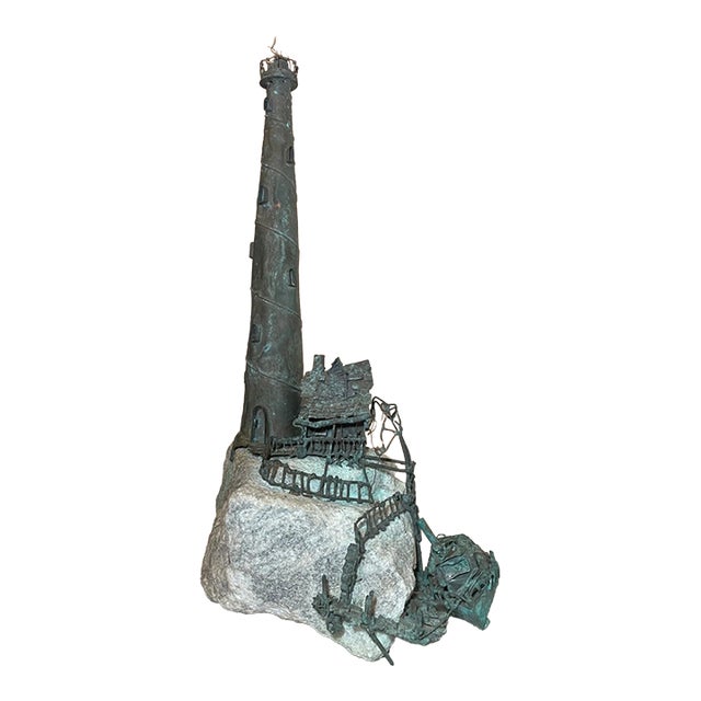 Vintage Jim Lewk Bronze Stone Nautical Lighthouse Brutalist Sculpture Statue Art For Sale