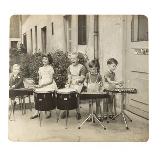 Drumming Kids, Black & White Photograph on Wooden Board, 1940s For Sale