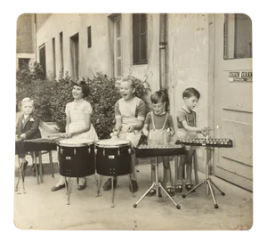 Drumming Kids, Black & White Photograph on Wooden Board, 1940s