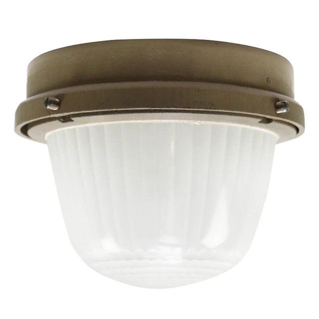 Vintage French Industrial Beige Cast Iron and Frosted Cut Glass Flush Mount from Holophane For Sale - Image 6 of 6