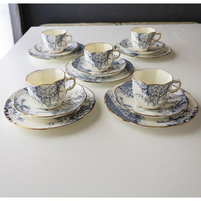 English 19th Century English Bone China Blue and White Tea Cup Set for Five - 15 pcs For Sale - Image 3 of 16