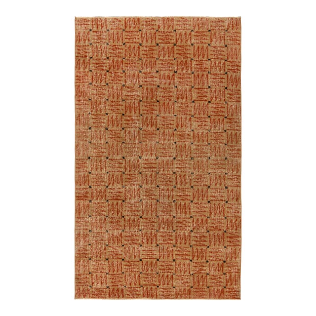 1960s Vintage Deco Rug in Beige-Brown and Red Geometric Pattern, Distressed For Sale