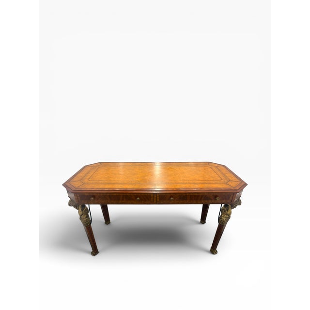 Traditional Vintage Maitland-Smith Neoclassical Tooled Leather & Brass Figural Writing Desk For Sale - Image 3 of 15