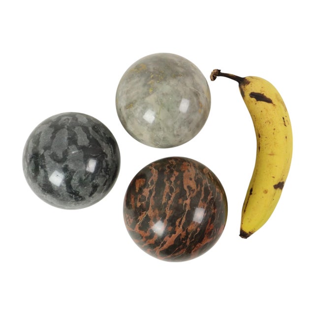 Set of 3 large decorative polished spheres—balls made of solid marble or natural stone featuring colorful gemstones with...