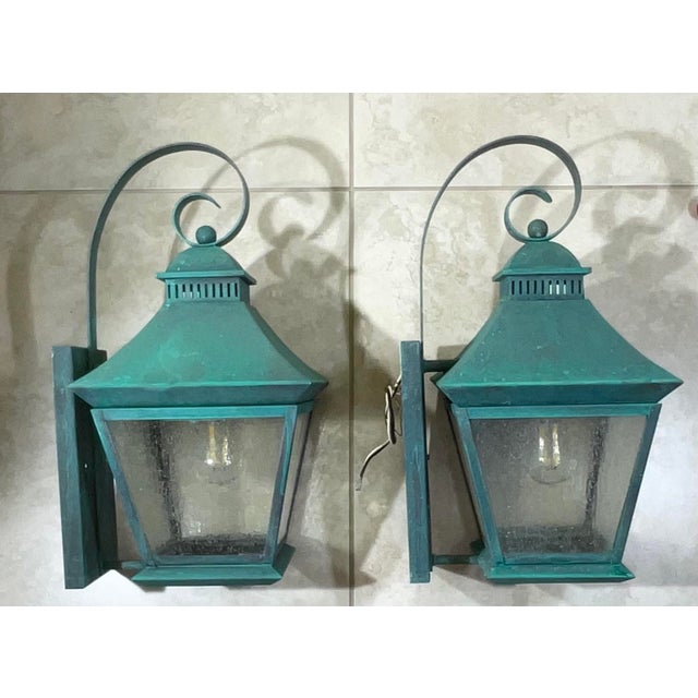 Pair of Vintage Solid Brass Outdoor Lanterns – Arts & Crafts Mission Style For Sale - Image 12 of 13