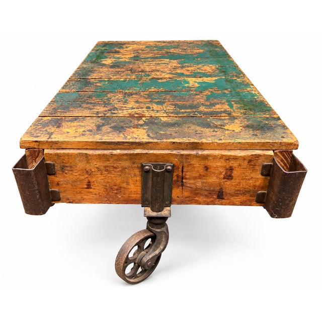 Early 20th Century Globe Vise & Truck Co. Industrial Original Patina Green Oak Factory Cart For Sale In Chicago - Image 6 of 18