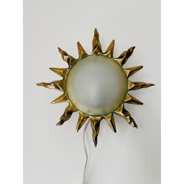 Art Deco Vintage Sunburst Bronze Wall Sconces Frosted Glass Dome Lights Mid Century - a Pair For Sale - Image 3 of 12