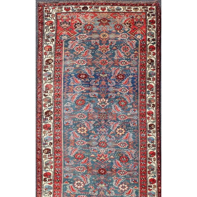 Antique Persian Bidjar Rug With Large Floral Motifs in Blue, Red, and Ivory For Sale - Image 4 of 12