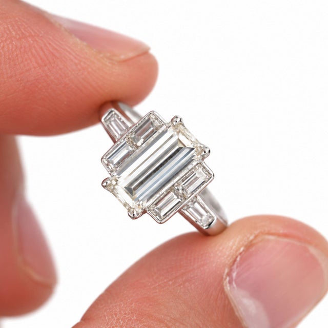 1930s Gia Certified 1.56 Carat Long Emerald Cut Diamond Vintage Art Deco Platinum Ring, Size 5 For Sale - Image 11 of 12