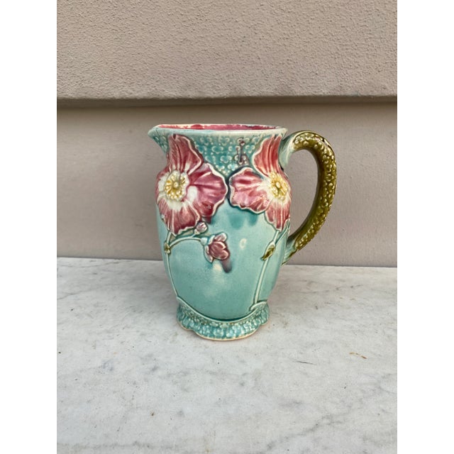 1900 - 1909 French Majolica Wild Rose Pitcher Fives Lille, Circa 1900 For Sale - Image 5 of 7