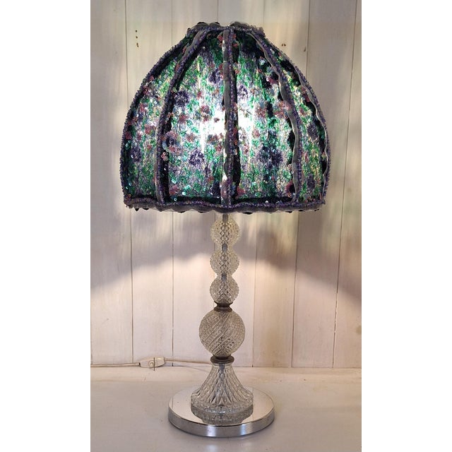 Vintage Table Lamp with Chrome-Plated Metal Base, Relief Glass Inlays, and a Sequined Shade from Lamplove, 1970s For Sale - Image 10 of 10