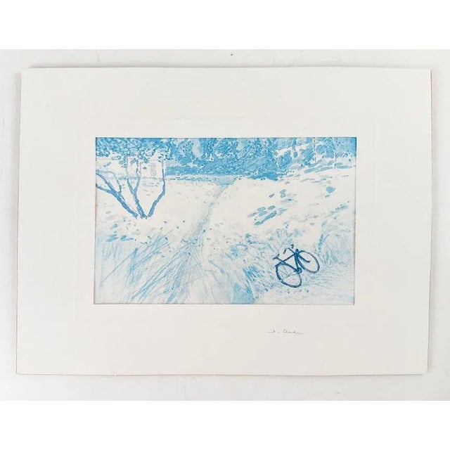 Contemporary Small Contemporary Blue Tone Landscape With Bicycle Print For Sale - Image 3 of 4