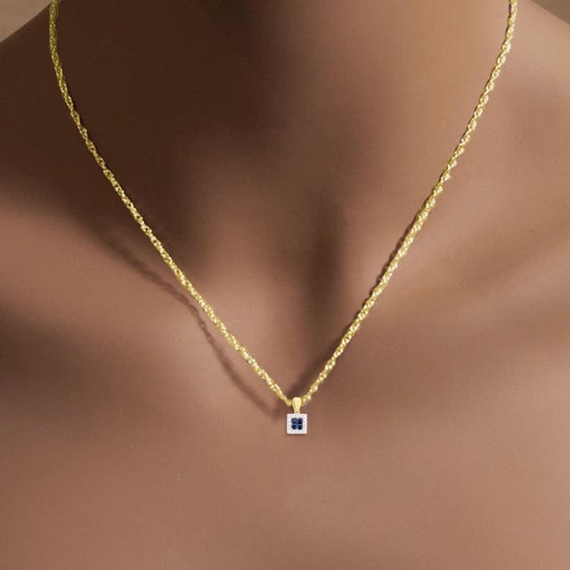 Contemporary Sapphire Diamond Square Pendant .95cttw 14k Yellow Gold For Sale - Image 3 of 3