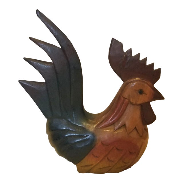 1970s Colorful Carved Wooden Rooster Chicken, The Mandalay Box Company For Sale