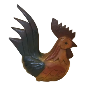 1970s Colorful Carved Wooden Rooster Chicken, The Mandalay Box Company
