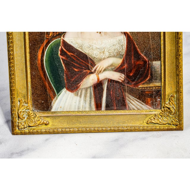 Refined Antique 19th Century Metal Framed Portrait Miniature Painting Woman For Sale - Image 9 of 16