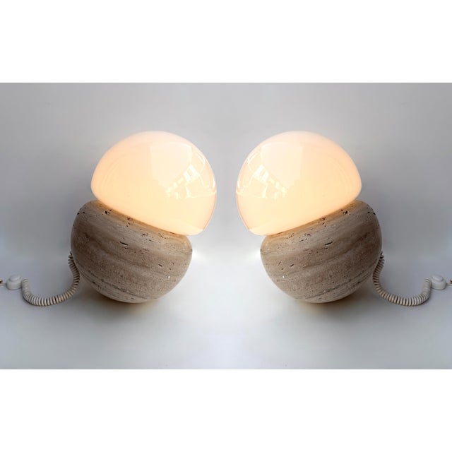 1980s Pair of Travertine and Opaline Glass Culbuto Lamps Italy, 1980s For Sale - Image 5 of 14