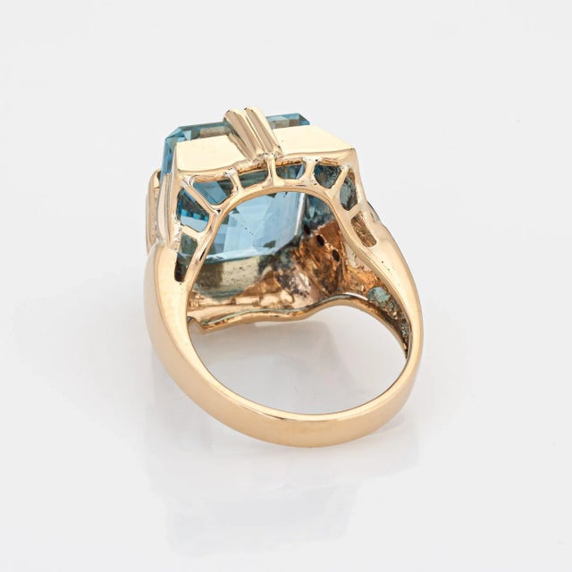Mid 20th Century 11ct Aquamarine Ring Vintage 14k Yellow Gold Square Cocktail Fine Jewelry size 7 For Sale - Image 5 of 7