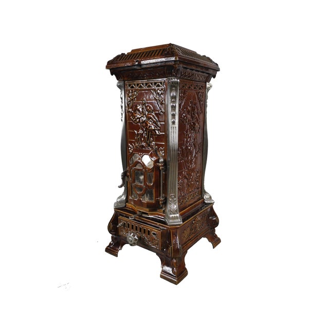 Metal Antique French Art Nouveau Brown Majolica and Enameled Cast Iron Fireplace Tower Stove with Floral Reliefs, 1920s For Sale - Image 7 of 14